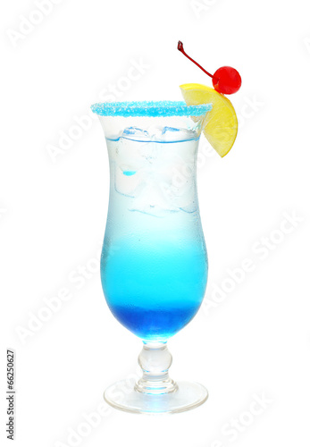 Blue alcohol cocktail on white