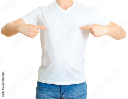 Man in white t-shirt. Isolated on white background.