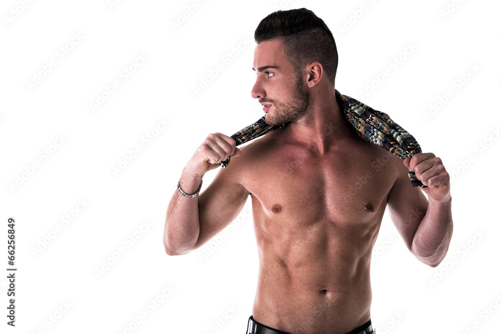 Sexy shirtless young man on white Sexy shirtless young man on white