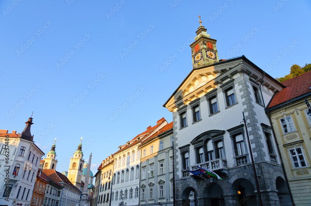 The City Hall of Ljubljana and Old Town in Ljubljana, Slovenia