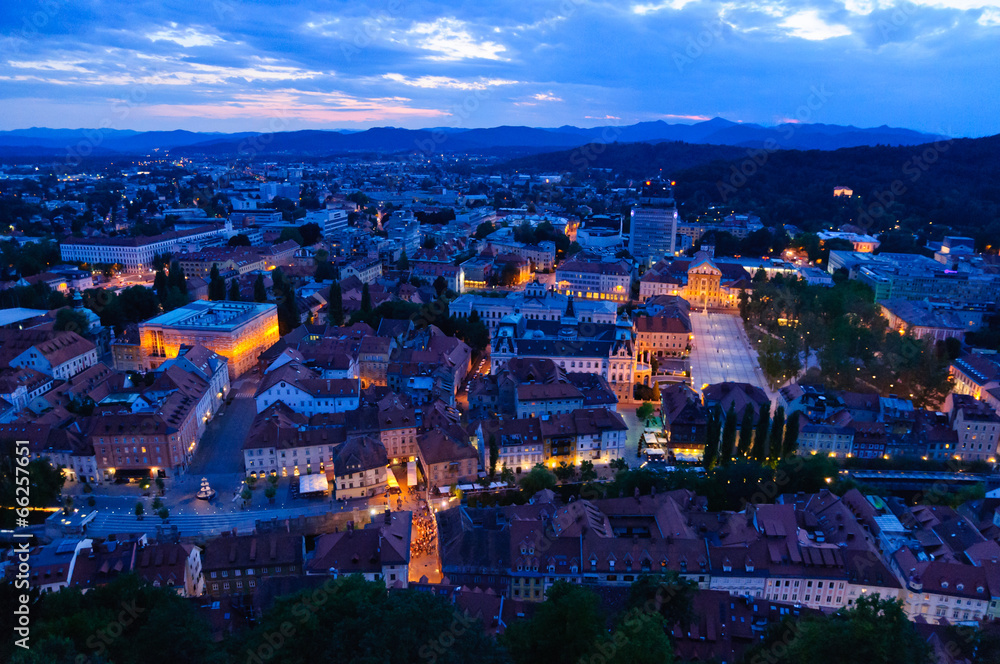 Old Town of Ljubljana at dusk in Slovenia