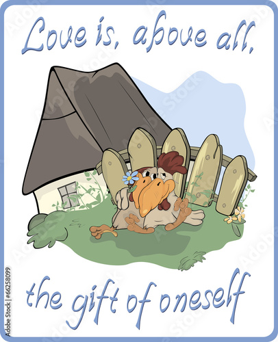 About a hen and a rooster postcard