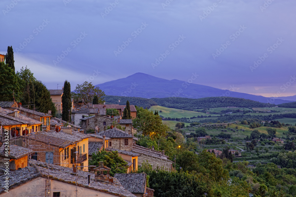 Ancient houses in Pienza in twilight , Tuscany, Italy