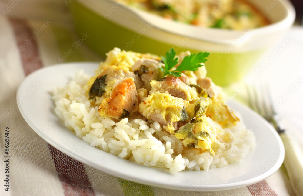 Chicken breast and cauliflower casserole with rice
