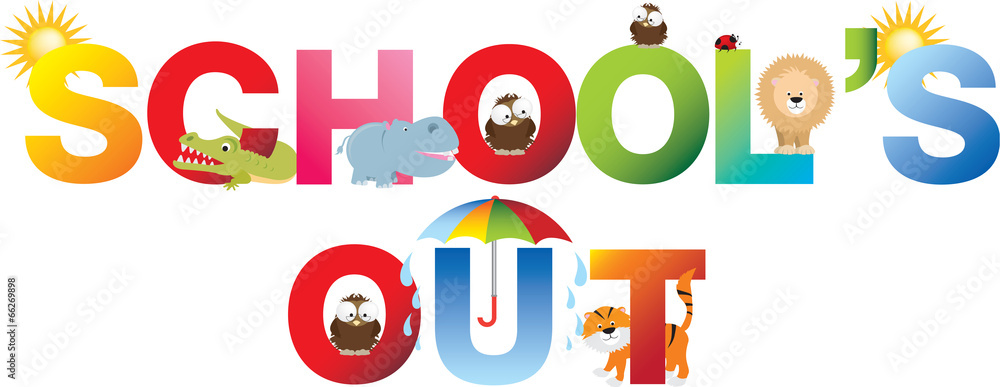 schools out word in childrens alphabet typeface