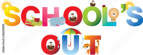 schools out word in childrens alphabet typeface
