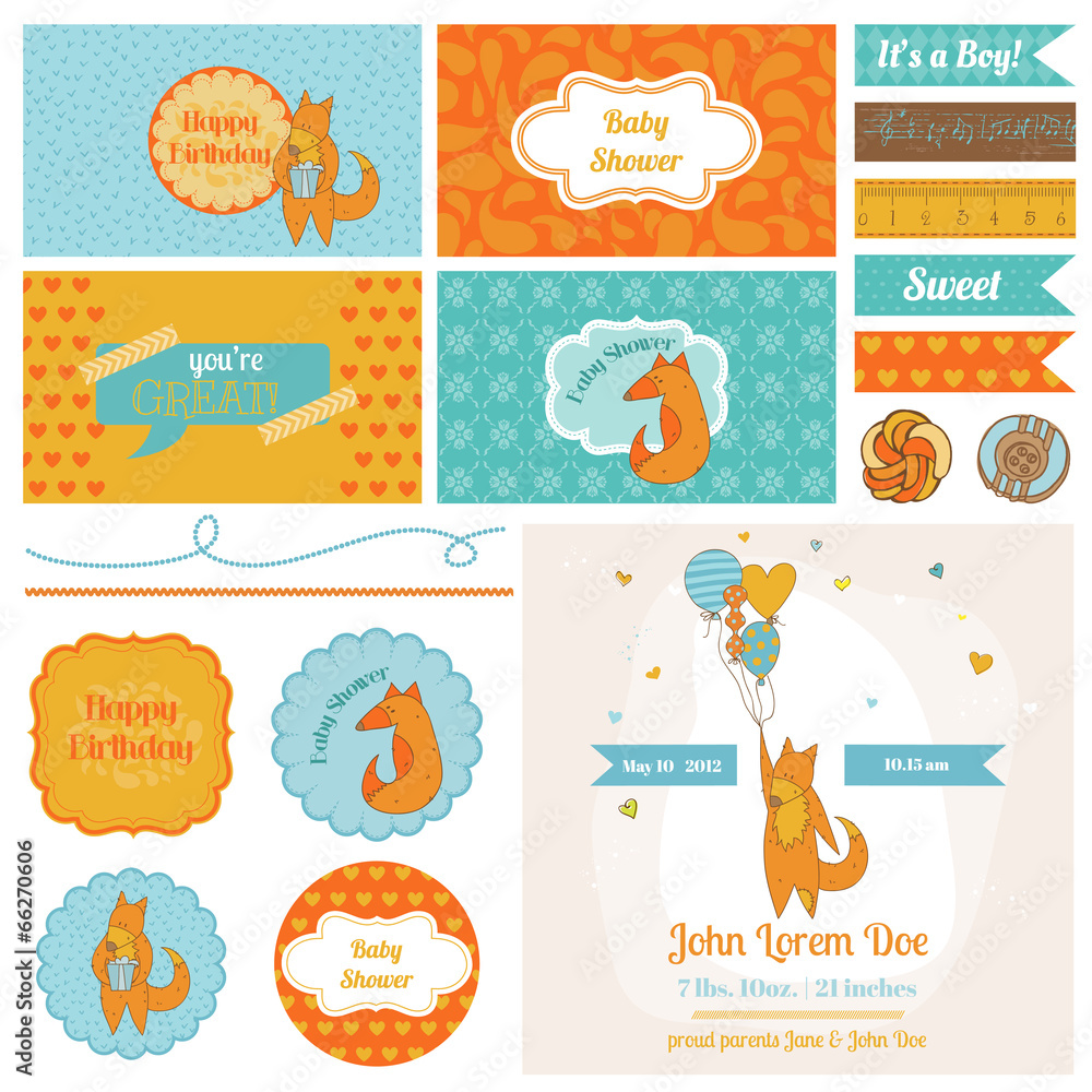 Fototapeta premium Baby Shower Cute Foxes Set - for Party Decoration, Scrapbook