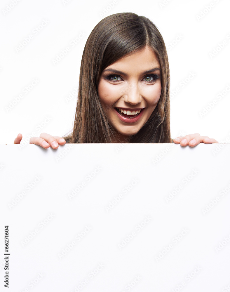business woman face looks out advertising billboard business woman face looks out advertising billboard