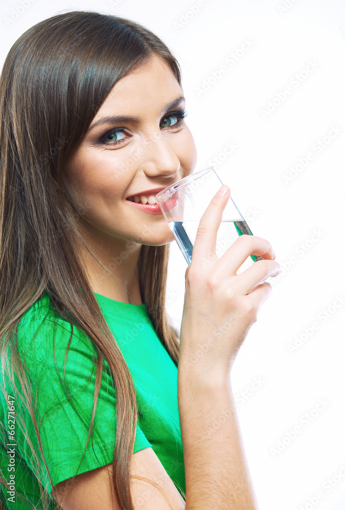 White background isolated woman with water glass White background isolated woman with water glass