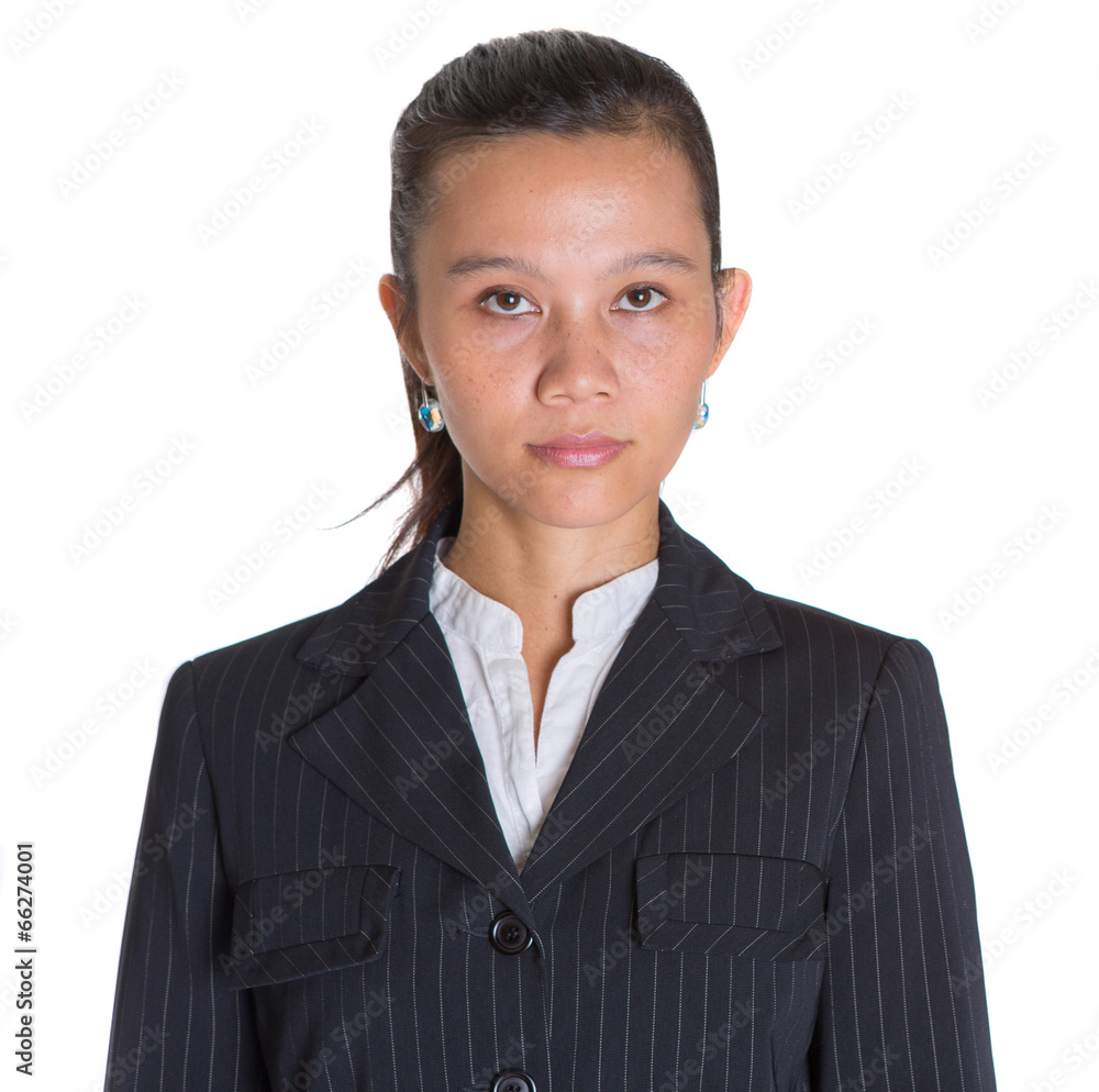 Asian businesswoman in a black suit over white background Asian businesswoman in a black suit over white background