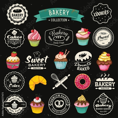 Collection of vintage bakery badges and labels on chalkboard.