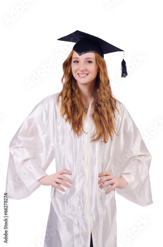 Young female student on white