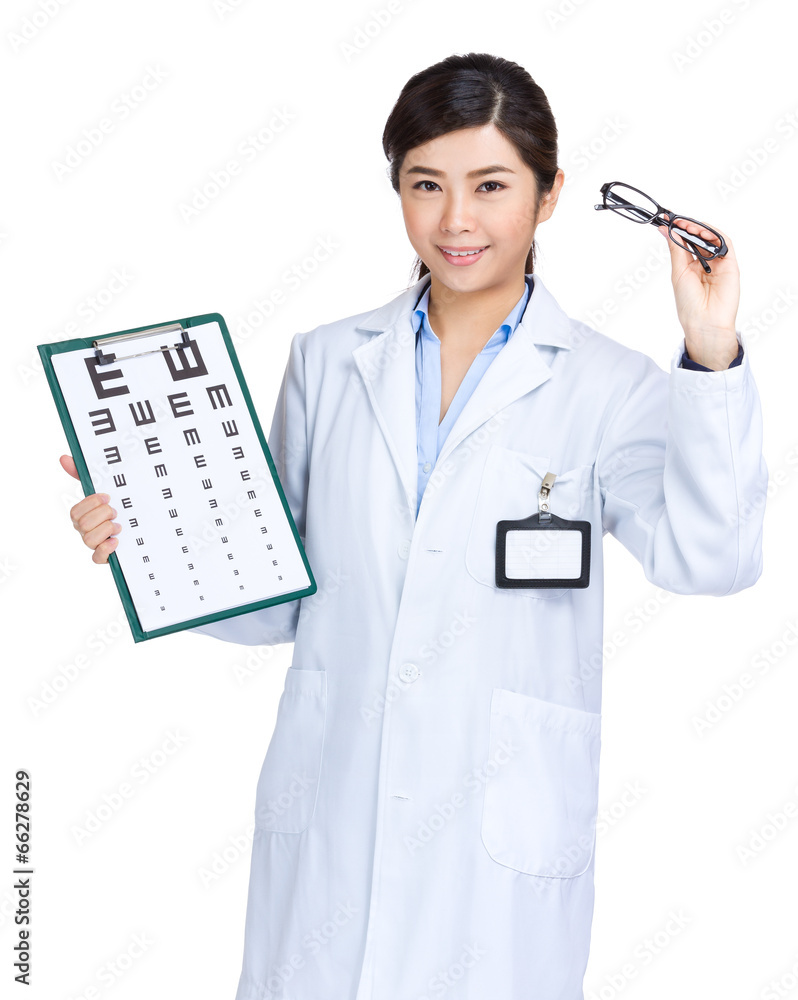 Female optician doctor hold eye chart and glasses Female optician doctor hold eye chart and glasses
