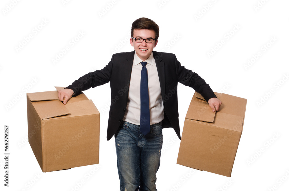 Funny man with boxes isolated on white Funny man with boxes isolated on white