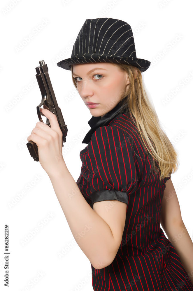 Young woman gangster with gun on white Young woman gangster with gun on white