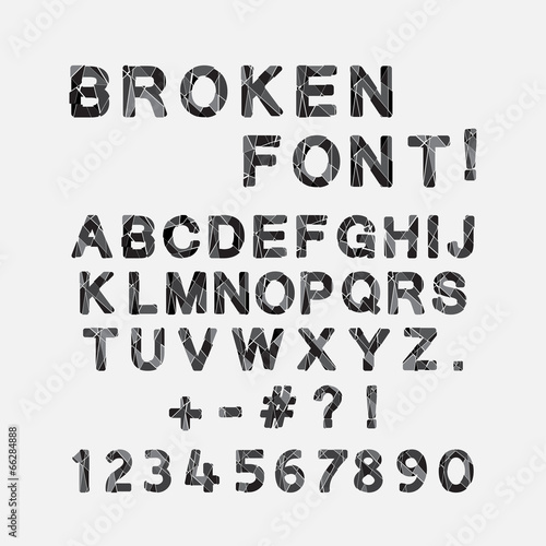 Broken font, alphabet and numbers