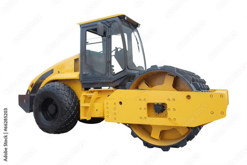 Modern yellow road roller separately