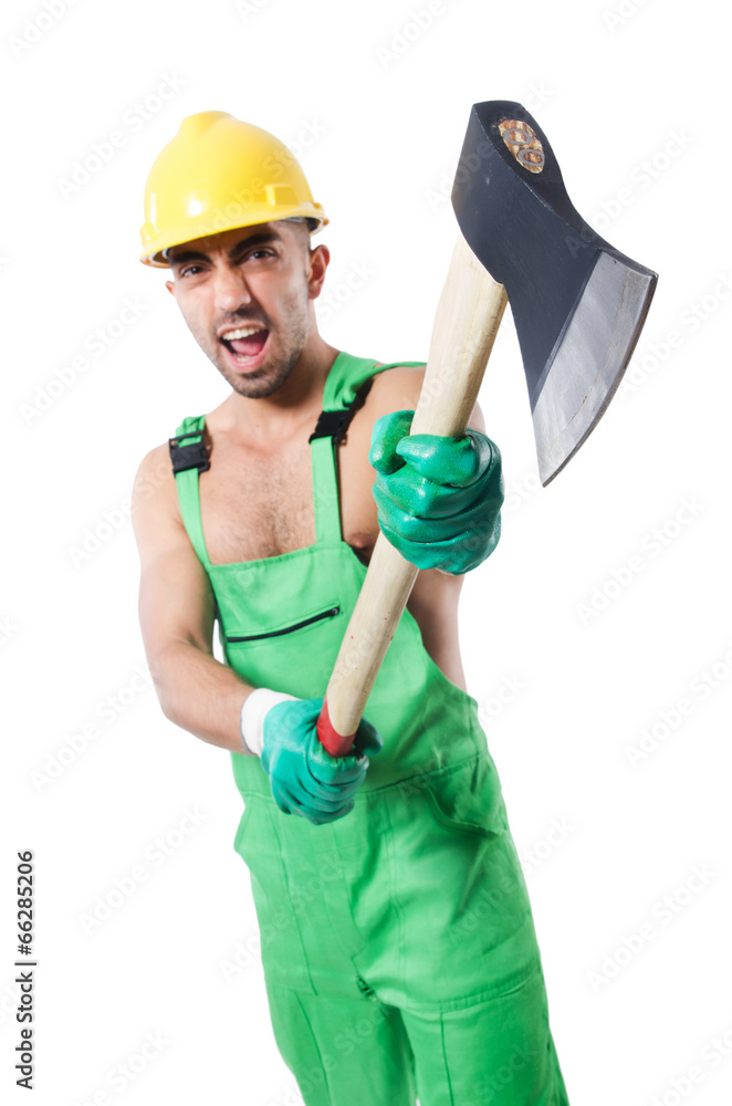 Worker with axe isolated on white Worker with axe isolated on white