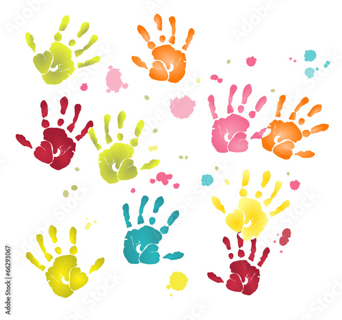 Vector format of colorful flat hands imprints and paint blots © firstpentuer