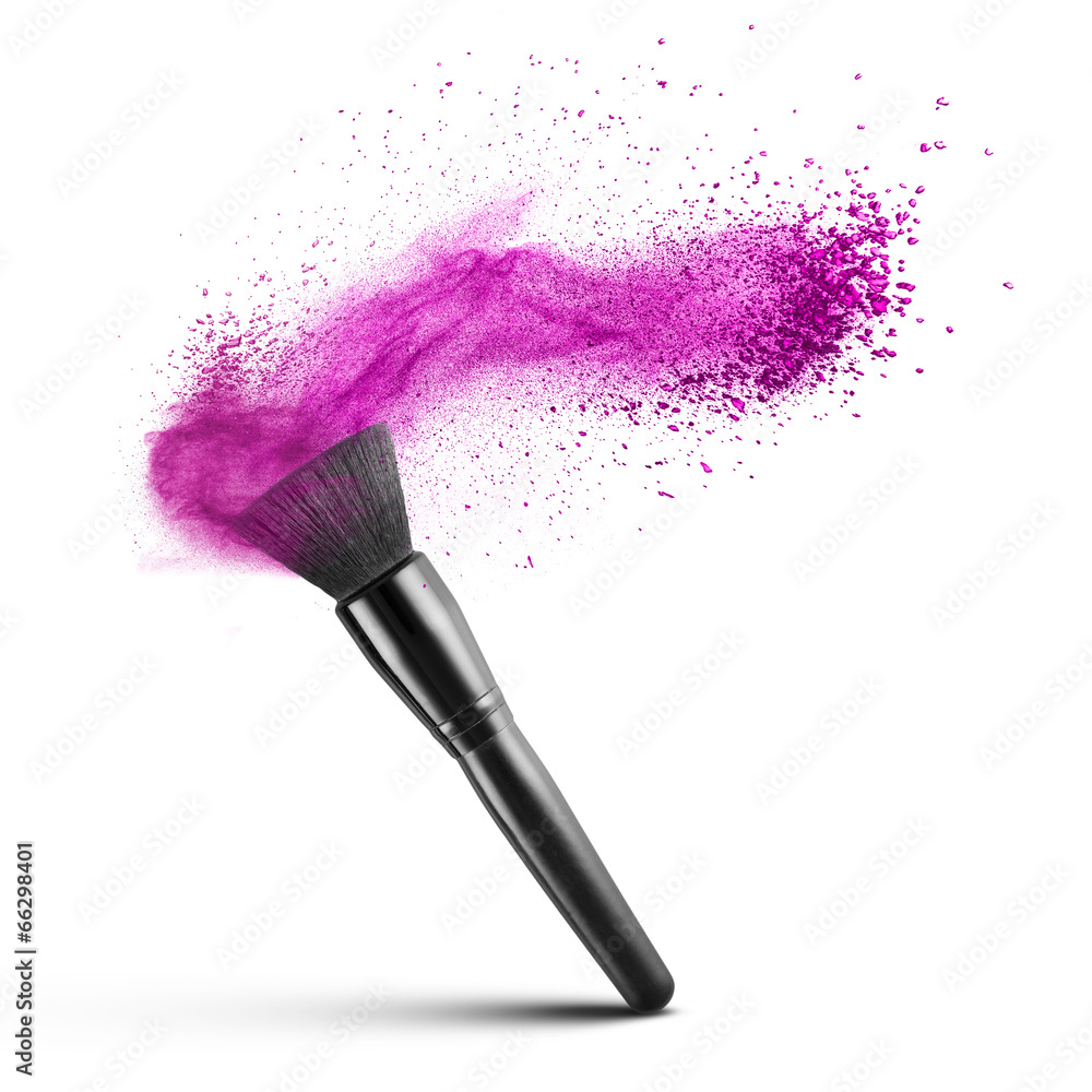 makeup brush with pink powder isolated