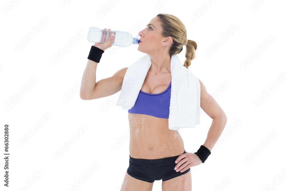 Strong blonde drinking from water bottle Strong blonde drinking from water bottle