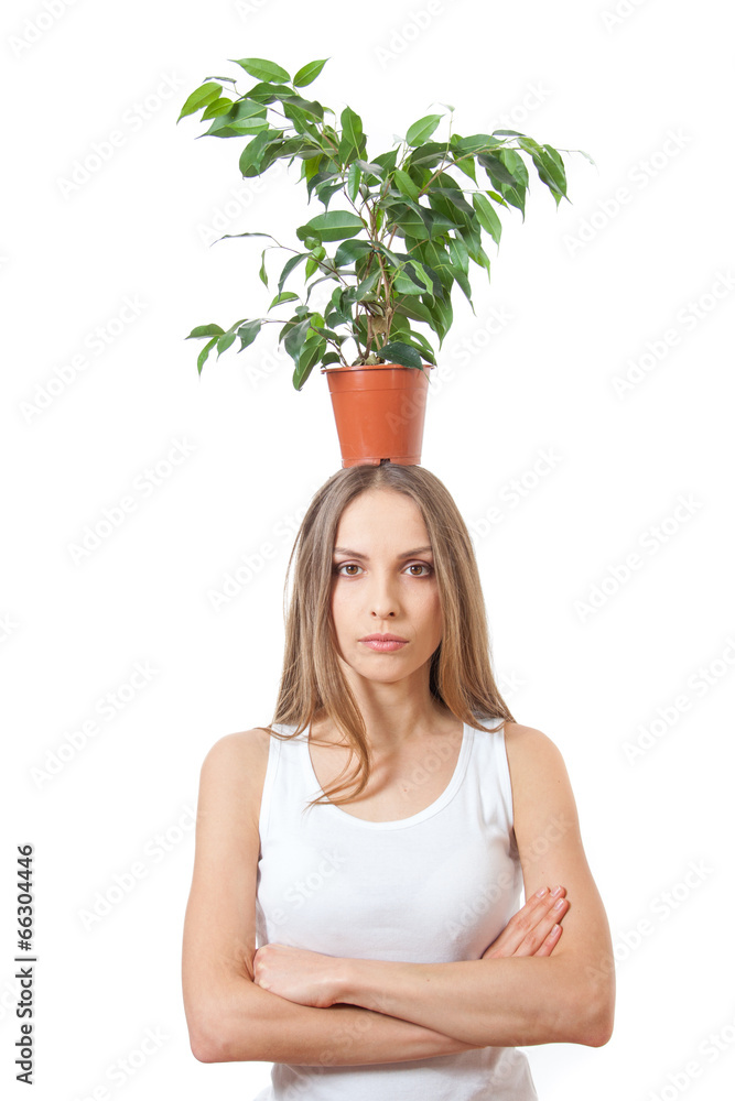 Smiling woman hold houseplant isolated on white. Smiling woman hold houseplant isolated on white.