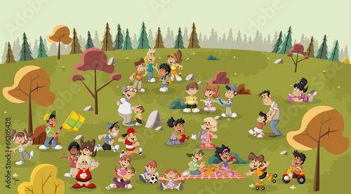 Group of cute happy cartoon people in the park