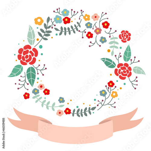 Lovely round vector frame with flowers and ribbon