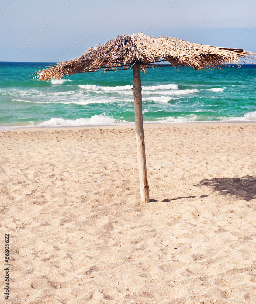 pure tropical sea beach with the  straw beach umbrellas
