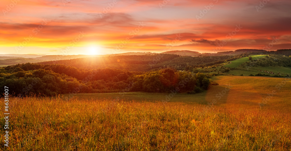Naklejka premium Beautiful sunset on the field - in shades of orange