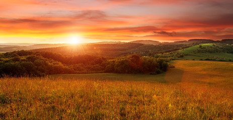 Wandcirkels Lente Oranje zonsondergang boven open veld  © Zsolnai Gergely