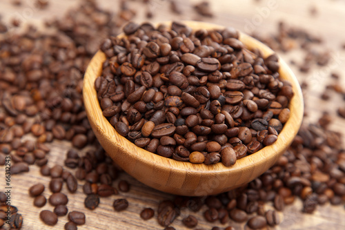 Roasted coffee beans in a bowl