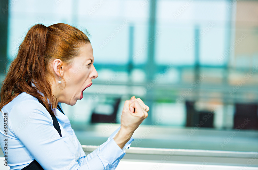 Angry business woman screaming at someone in office Angry business woman screaming at someone in office