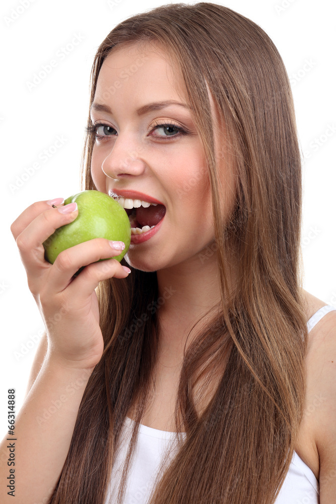 Beautiful girl with green apple, isolated on white Beautiful girl with green apple, isolated on white