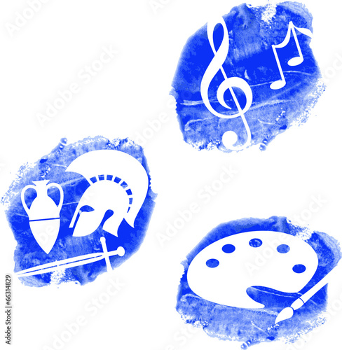 Symbols for music, arts and history on painterly background