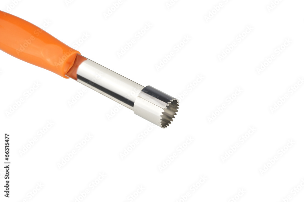 Orange apple corer on top left isolated Orange apple corer on top left isolated