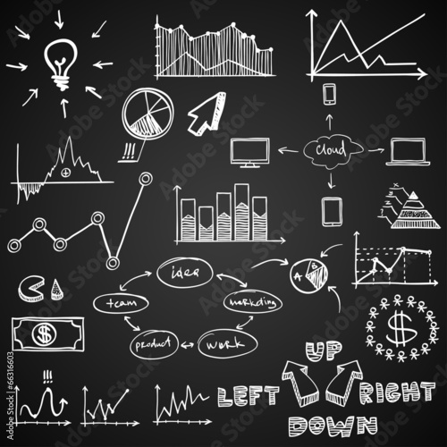 business finance doodle hand drawn elements on blackboard.