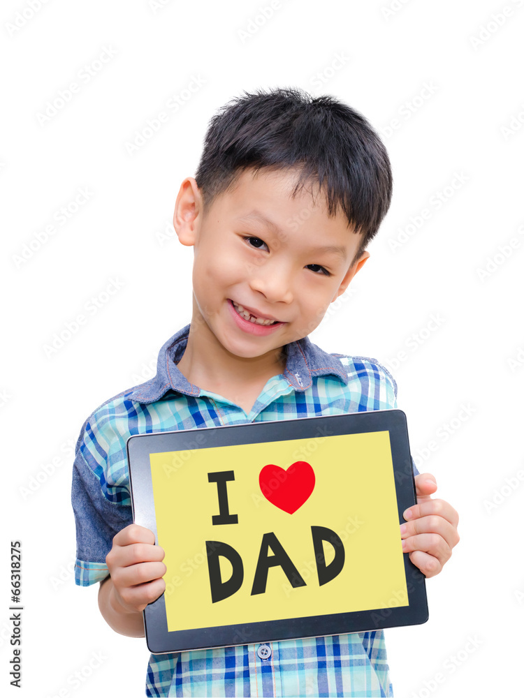 Beautiful funny Asian boy holding a tablet computer with love D Beautiful funny Asian boy holding a tablet computer with love D
