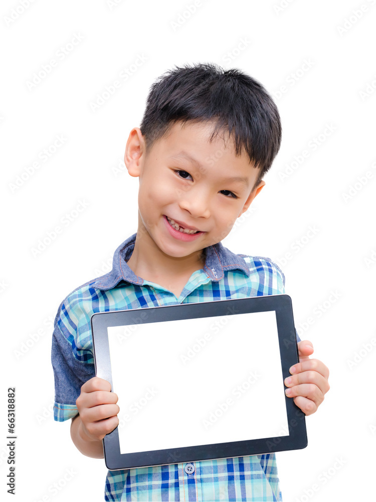 Student boy showing computer tablet on white Student boy showing computer tablet on white