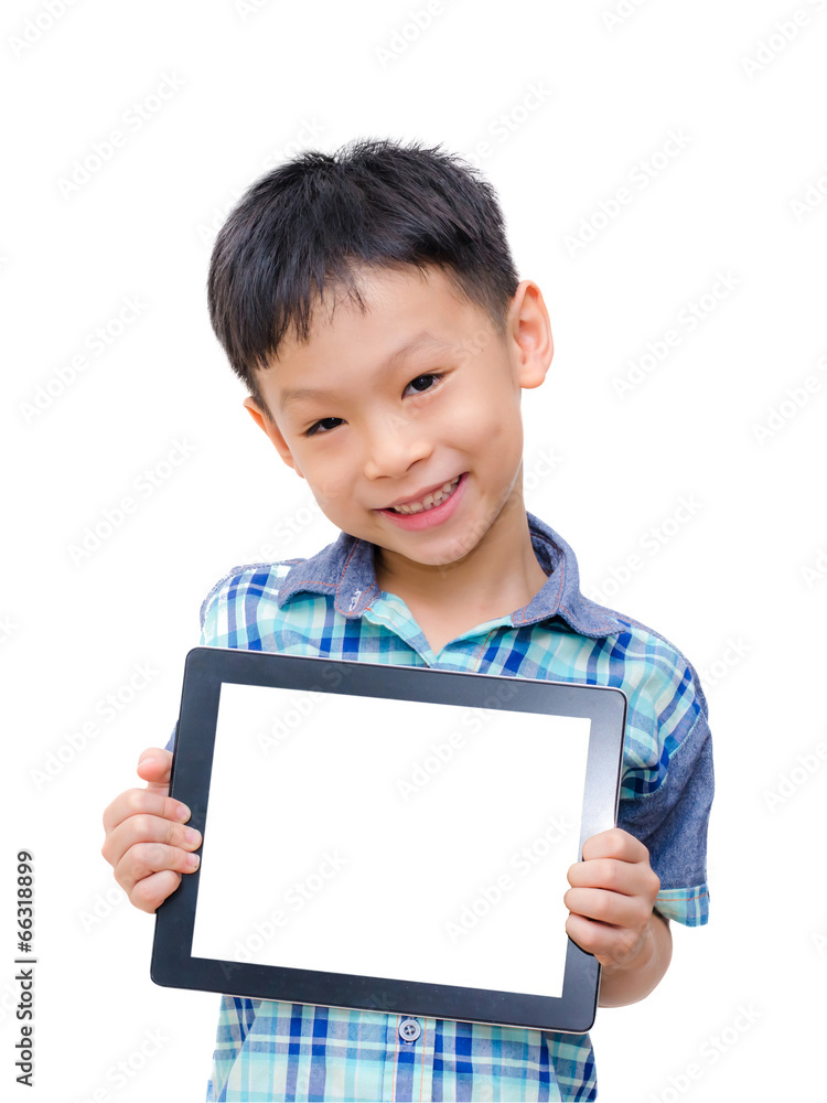 Student boy showing computer tablet on white Student boy showing computer tablet on white