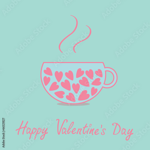 Love teacup with hearts. Happy Valentines Day card. Blue flat