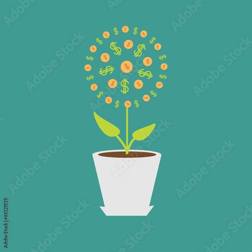 Money tree with coins and dollar sign in the pot. Flat design.