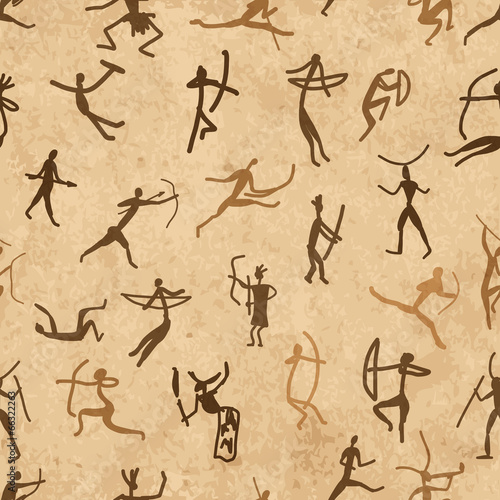 Rock paintings with ethnic people, seamless pattern