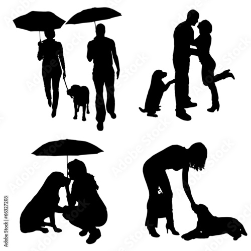 Vector silhouette of people with dog.