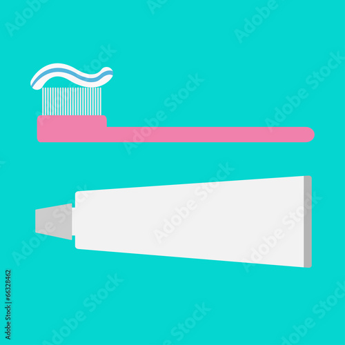Pink toothbrush and toothpaste tube. Flat design style.