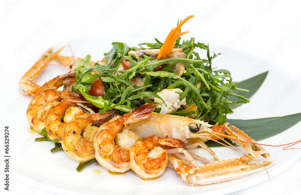 shrimp salad greens vegetables and crayfish in the restaurant shrimp salad greens vegetables and crayfish in the restaurant