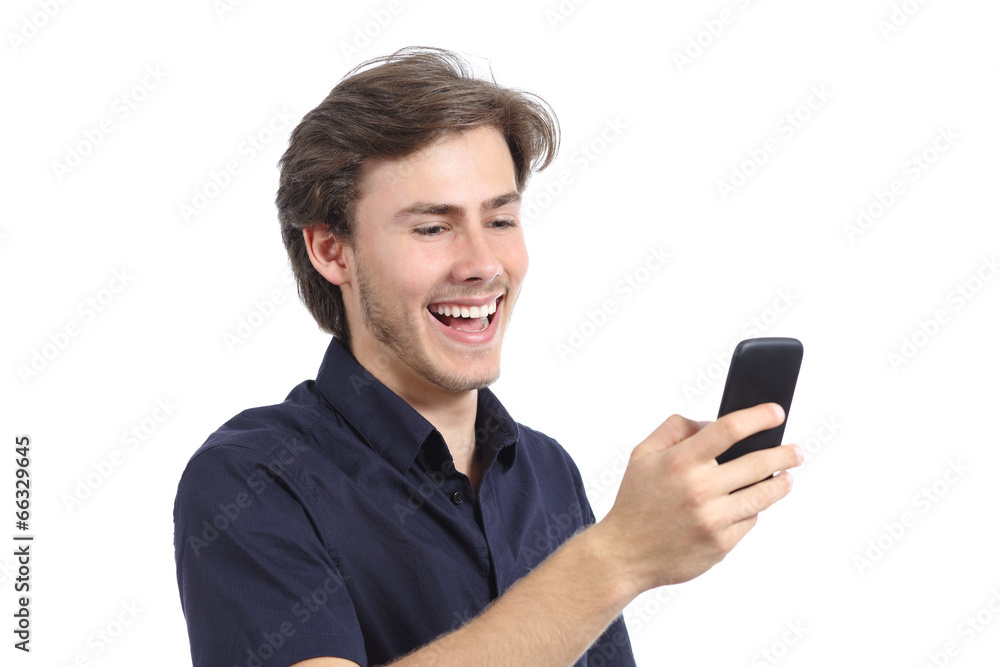 Man laughing texting on the mobile phone Man laughing texting on the mobile phone