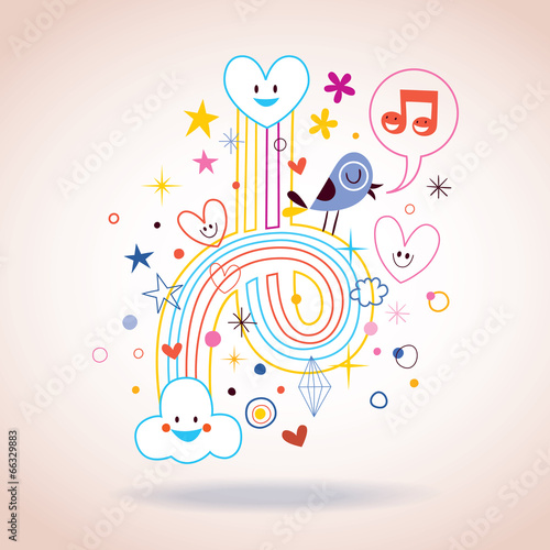 hearts, clouds, bird and dots art illustration