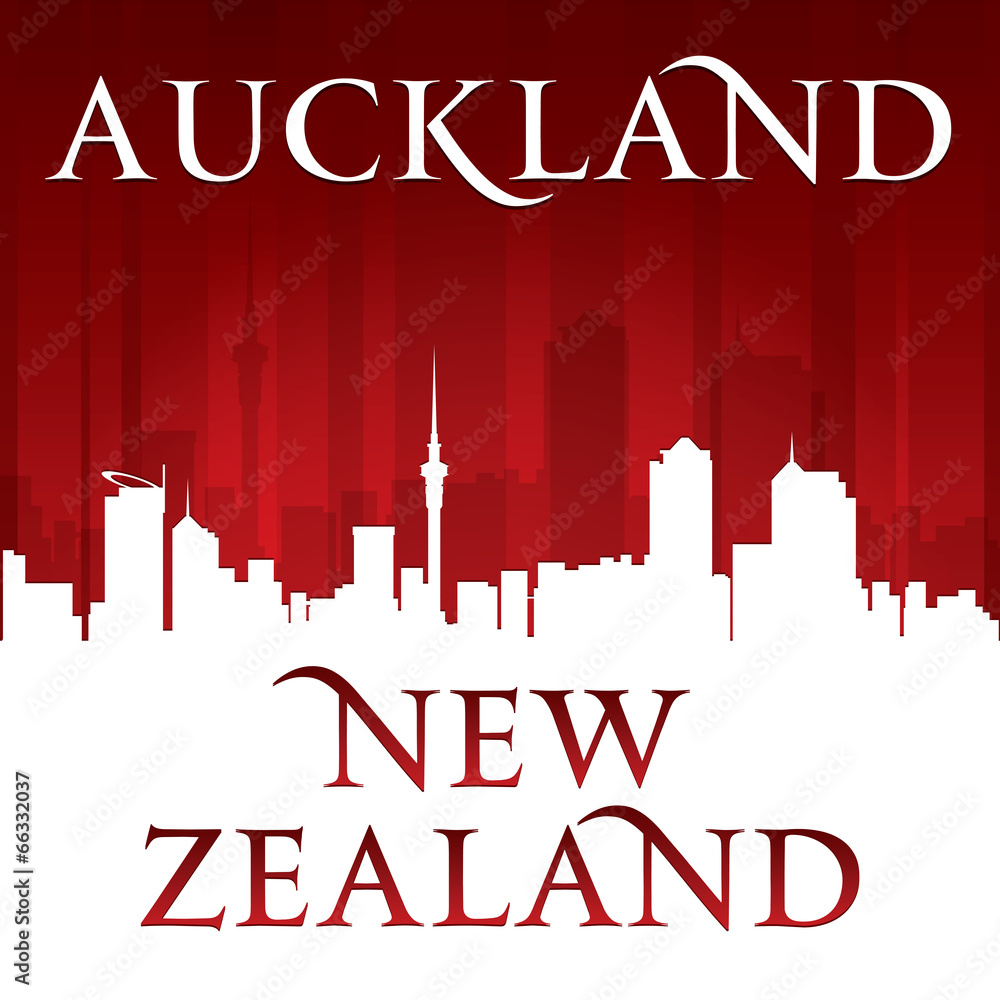 Fototapeta premium Auckland New Zealand city silhouette red background