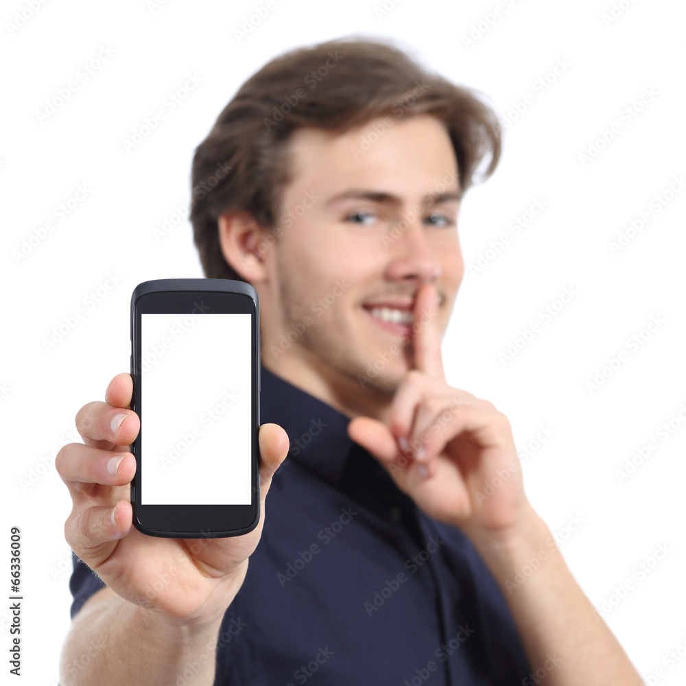 Man showing mobile phone screen and asking for silence Man showing mobile phone screen and asking for silence
